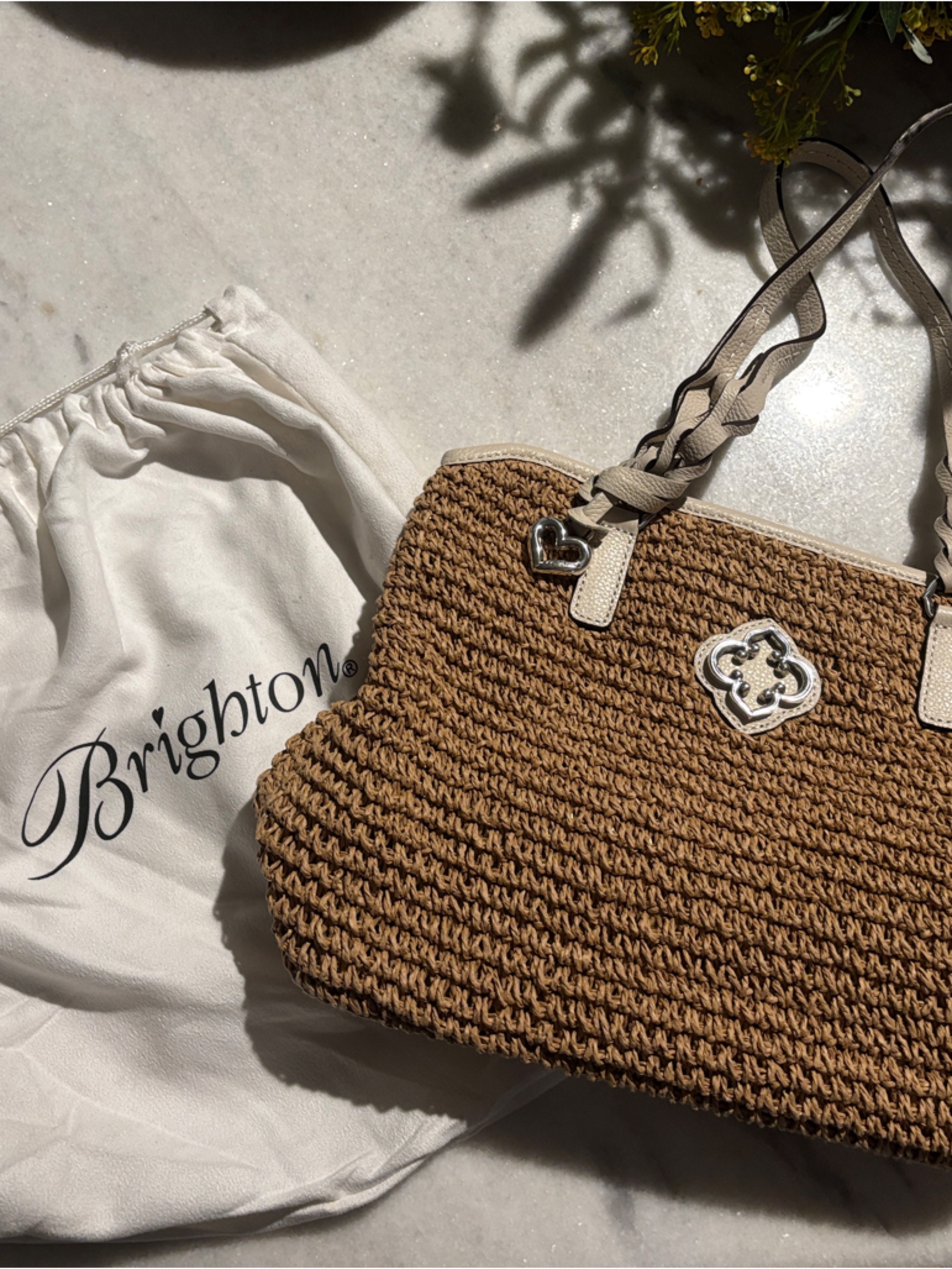 Brighton Tan Woven Tote With Cream Trim And Braided Handles